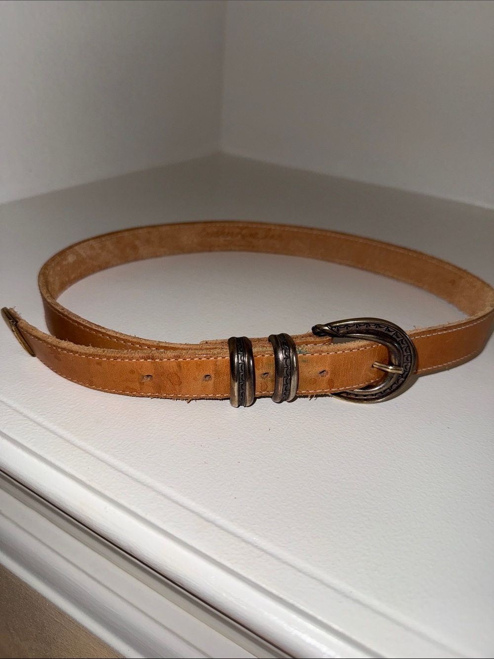 Women’s Tan Leather Belt with Decorative Antiqued Buckle